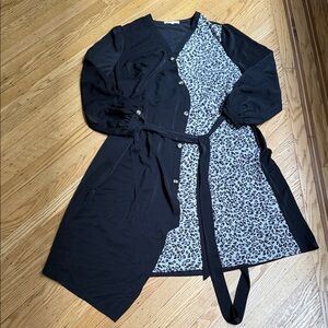 Standards & Practices 2X Black Leopard Print Contrast Belted Button Front Dress